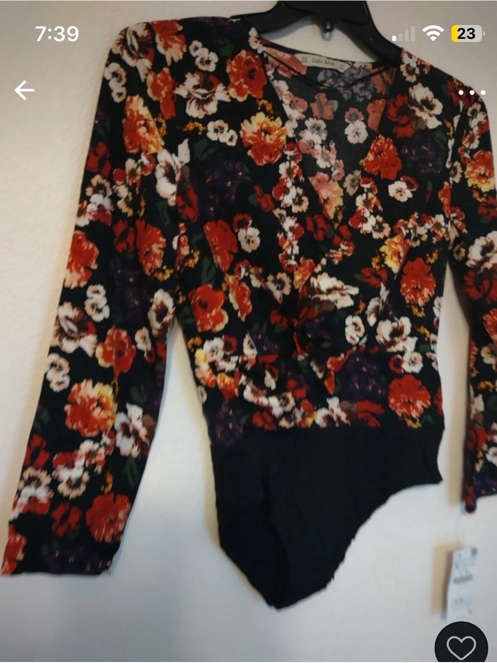 NWT Zara Basic Women's Medium Floral Long Sleeve Wrap Bodysuit Top Red White Bla